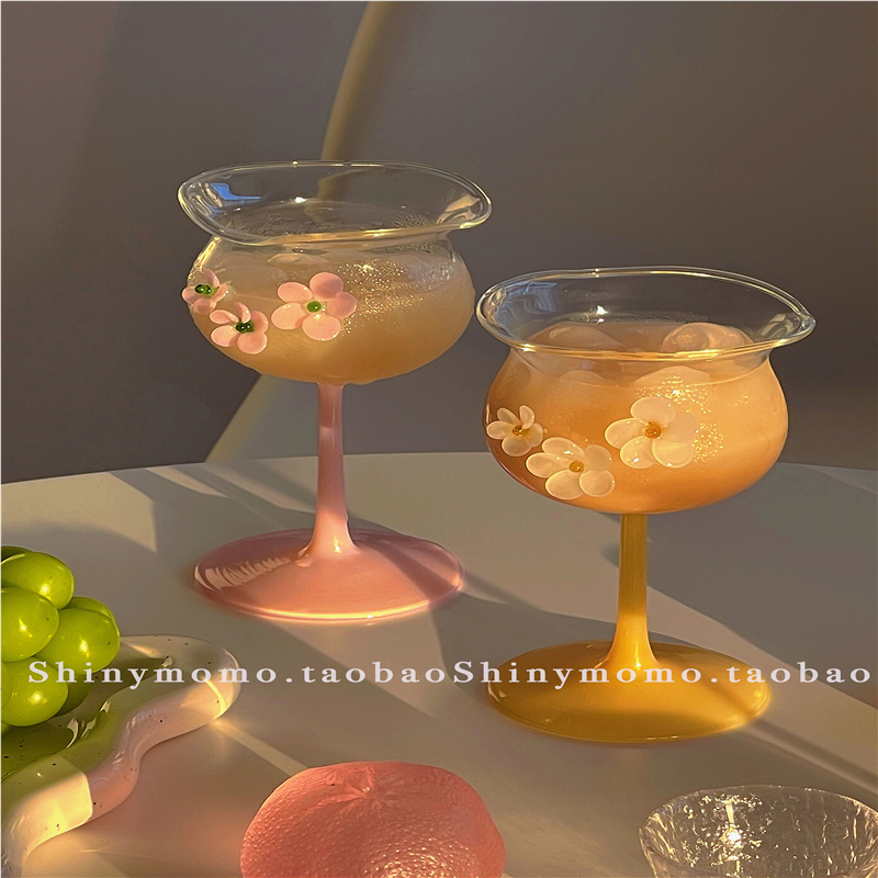 Shinymomo彩色创意玻璃水杯小众玻璃异形高脚酒杯韩风ins可爱花杯