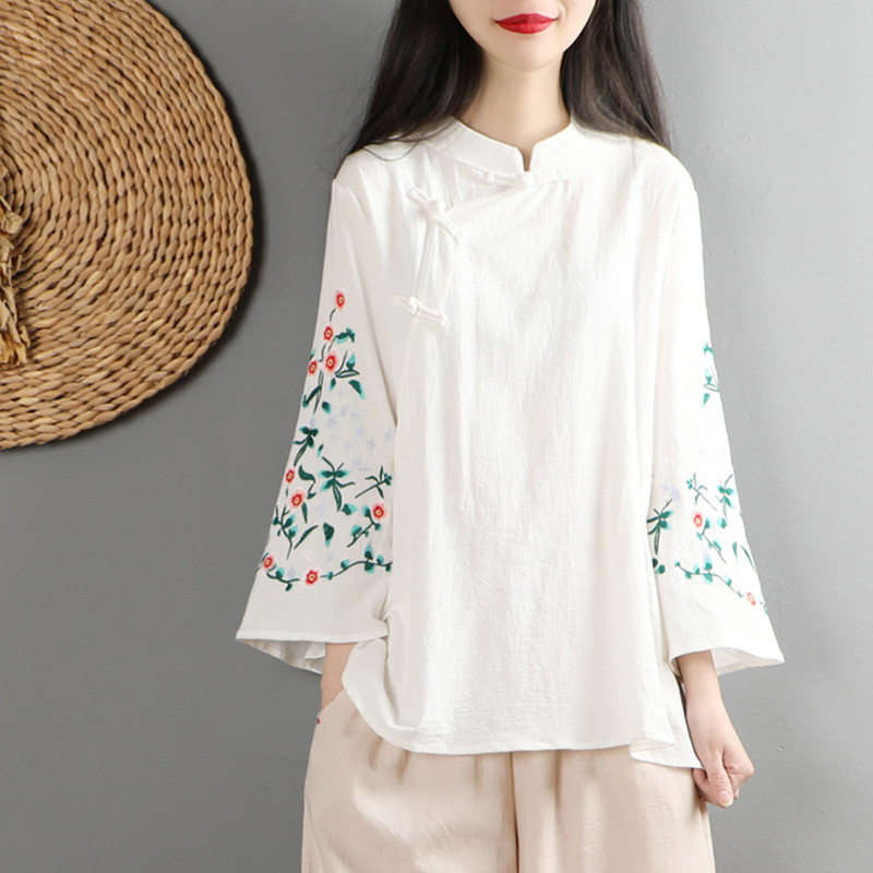 春夏改良太极服女绣花棉麻太极拳练功服刺绣斜襟盘扣晨练服上衣