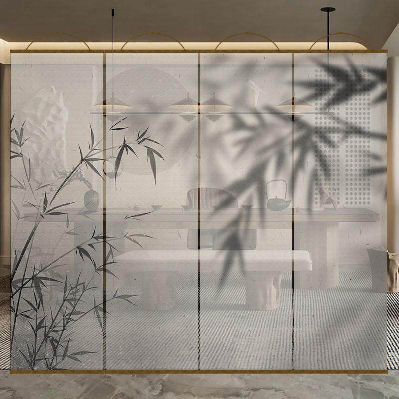 新中式水墨竹画双面透景屏风纱卷帘隔断帘挂帘窗帘玄关透光纱帘