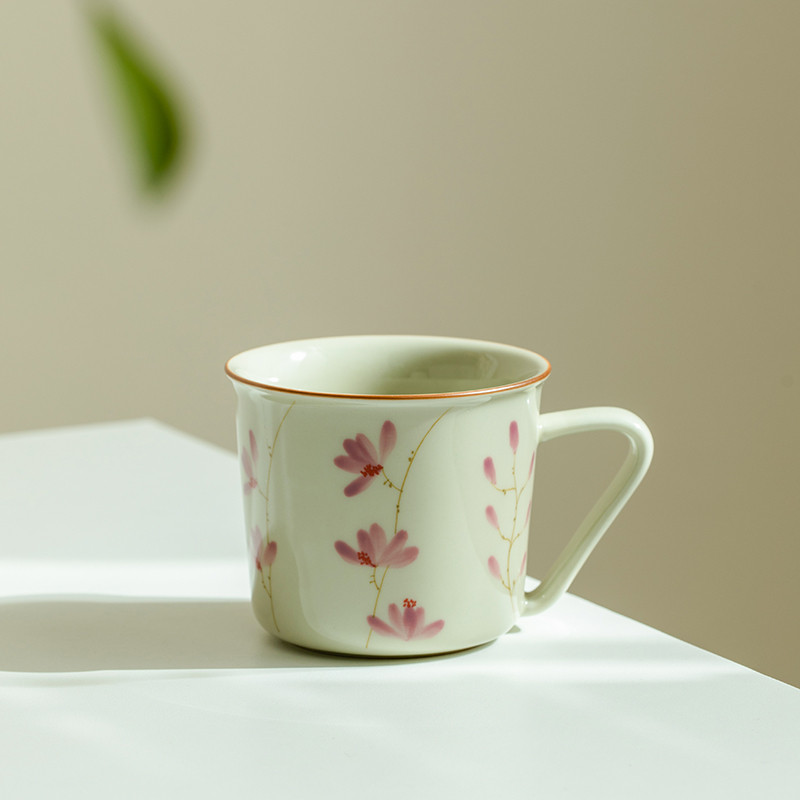 拓土草木灰陶瓷小茶杯单个家用待客主人杯纯手绘桃花耳把杯喝