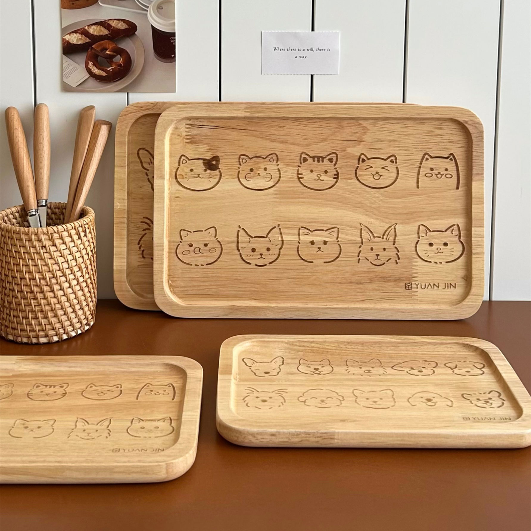 猫狗双全~新年招待客人创意可爱木质托盘一人食餐盘家用隔热