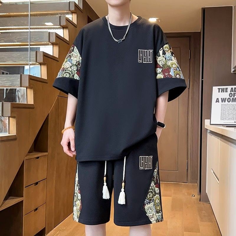新中式套装男宽松薄款短袖短裤两件套国风夏季大码t恤休闲运动服