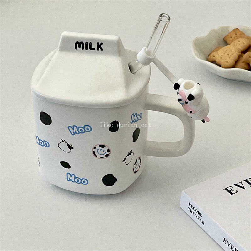可爱奶牛马克杯带防尘盖子耐高温杯子卡通陶瓷水杯玻璃吸管帽