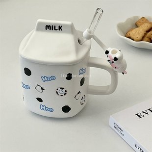 可爱奶牛马克杯带防尘盖子耐高温杯子卡通陶瓷水杯玻璃吸管帽