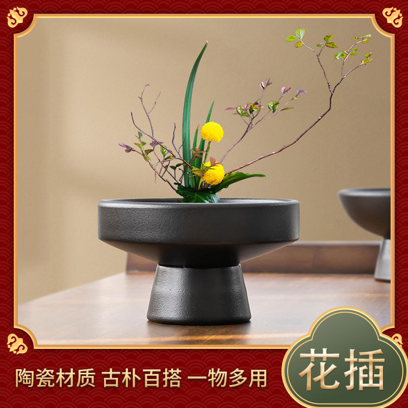 中式花插陶瓷花盆客厅桌面摆件家居装饰盆简约复古磨砂剑山插花器