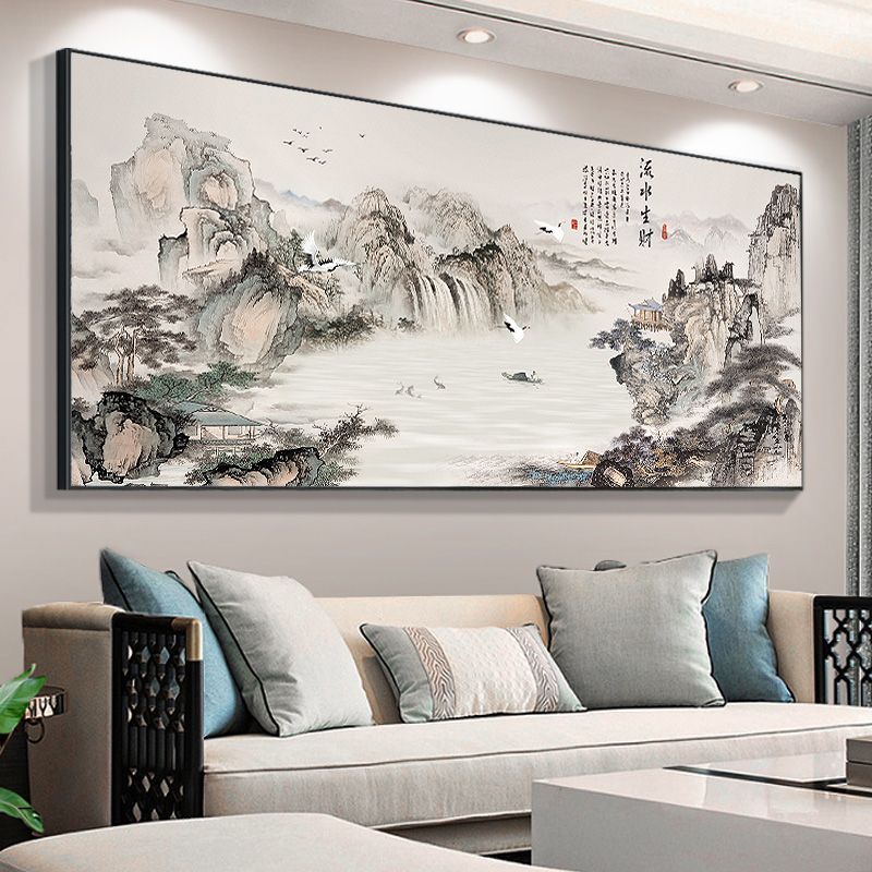客厅山水画办公室字画装饰画旭日东升挂画风景画背景墙壁画聚宝盆
