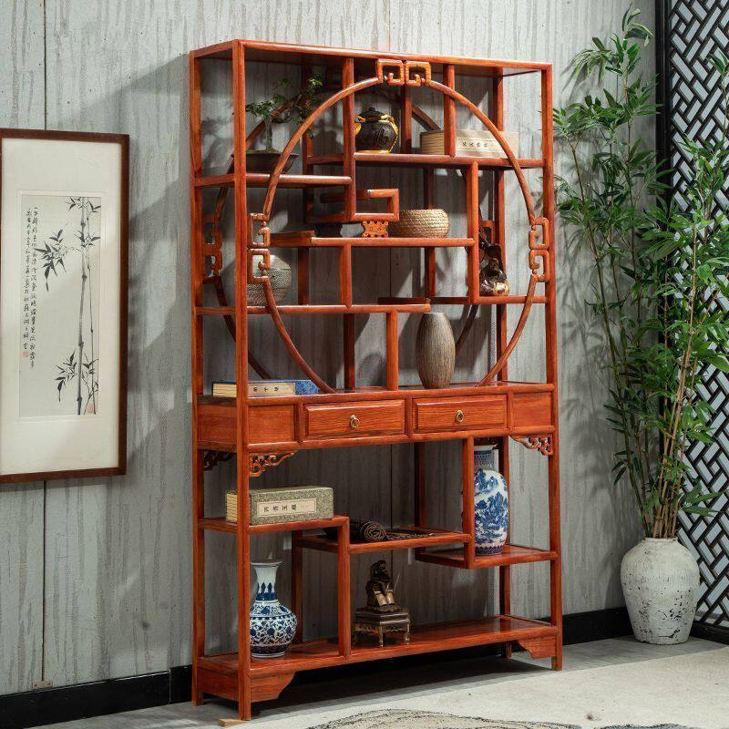 新中式多宝阁实木博古架榆木展示柜客厅玄关隔断办公室摆件置物架