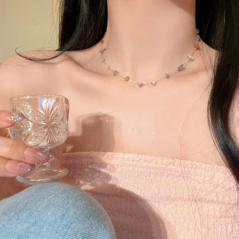 批发多巴胺彩色石串珠项链女款轻奢小众夏天锁骨链高级感气质颈链