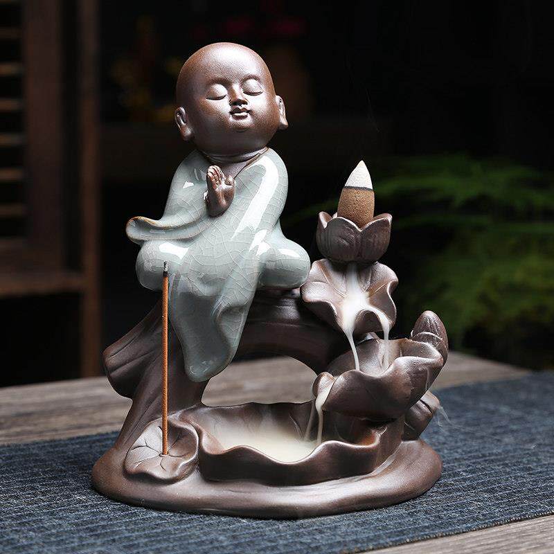 薰香倒流香炉陶瓷摆饰 招财如来创意线香插 复古哥窑和尚室内家用
