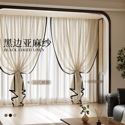 黑边亚麻纱窗帘纱帘透光不透人客厅法式阳台防晒遮光2024新款遮阳