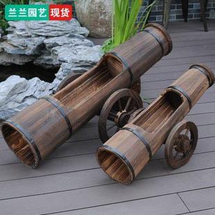 饰 大炮花车花架特色花槽防腐木花盆车轮木花箱田园古镇幼儿园装
