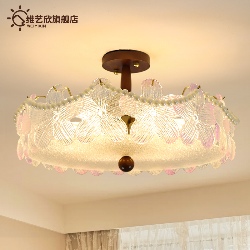 中古白蜡木珍珠水晶玻璃卧室灯