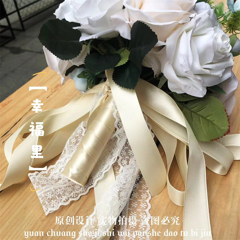 手捧花新娘婚礼仿真玫瑰花束浅蓝色混搭家居摆件花艺绢花