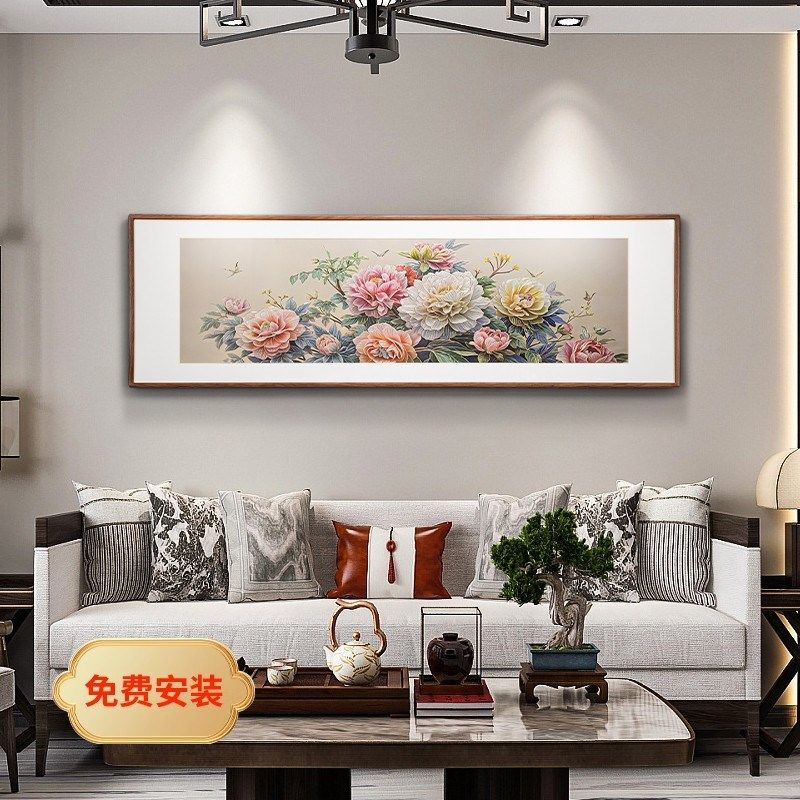 手工錾刻 铜雕画《牡丹花》客厅沙发背景墙挂画 中式横版装饰画