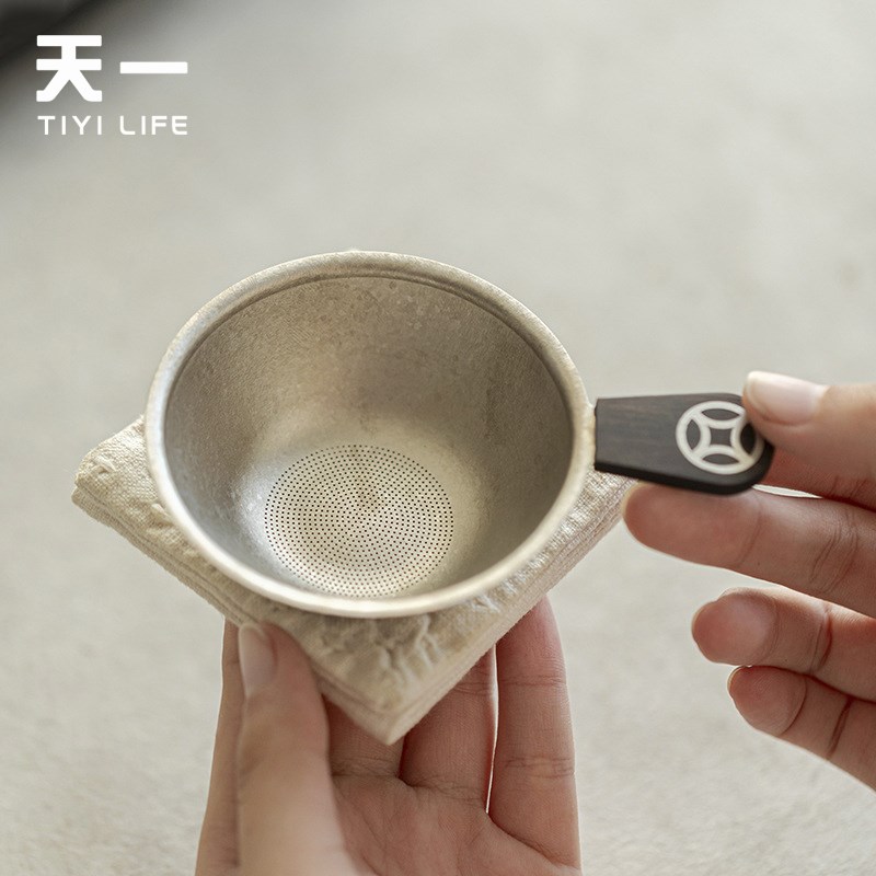 天一丨 纯钛茶漏黑檀木柄千孔过滤网中式功夫茶具茶道配件茶滤
