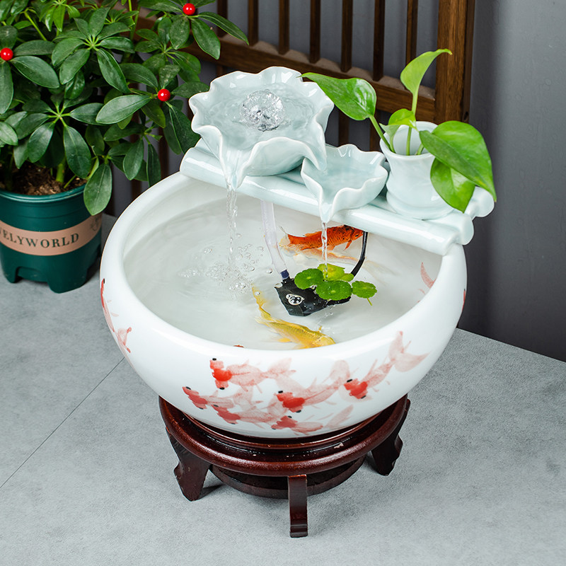 陶瓷鱼缸循环流水摆件景观金鱼缸乌龟缸水培缸睡莲盆陶瓷客厅装饰
