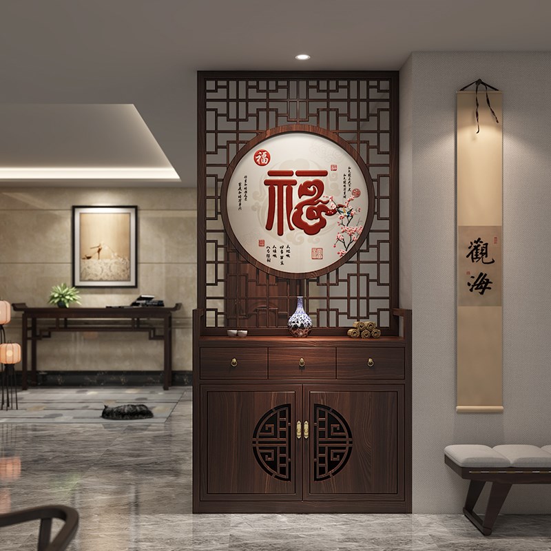 实木入户正对门玄关鞋柜一体聚福装饰双面新中式屏风隔断客厅柜