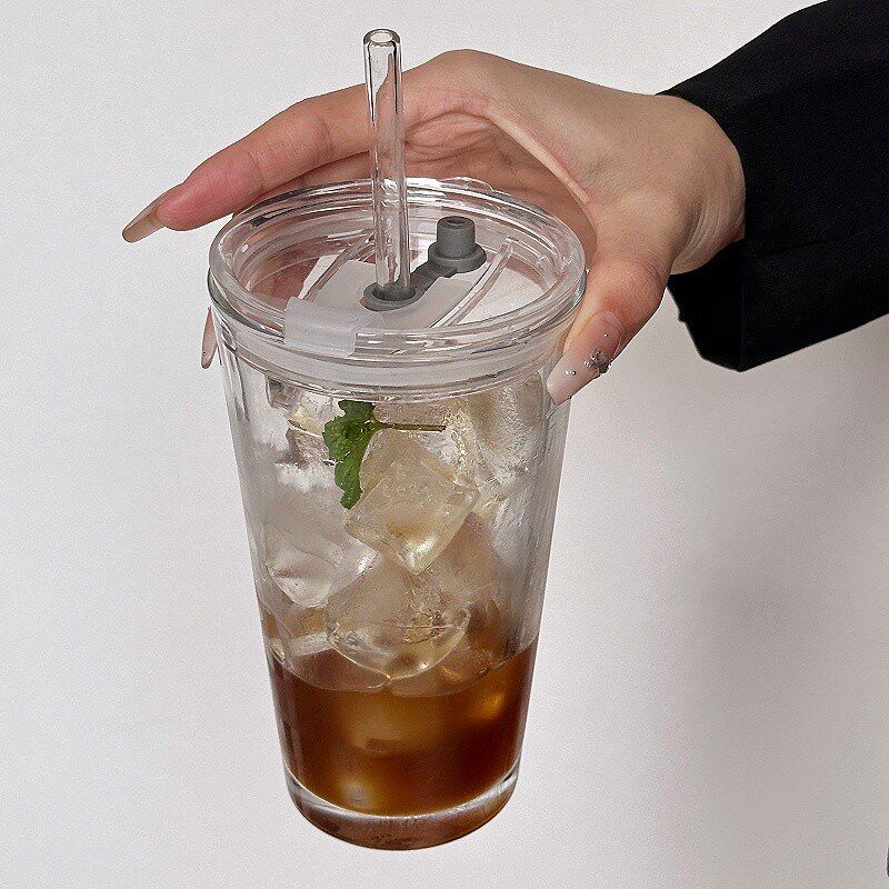 ins风咖啡吸管杯高颜值玻璃杯法式饮料奶茶冷饮杯夏季女带盖子水