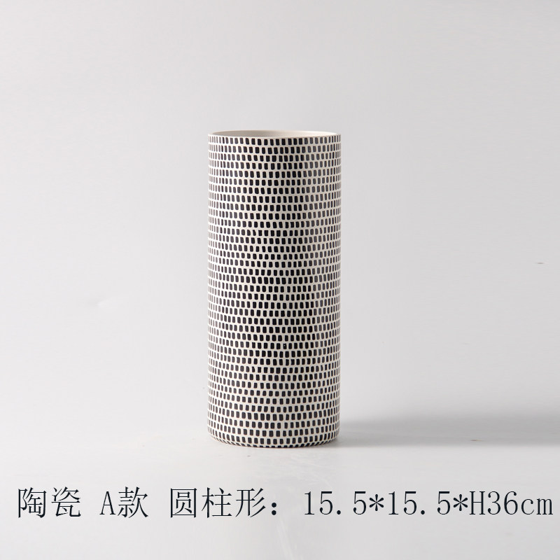 现代简约手绘黑白陶瓷几何圆柱形曲面花瓶摆件家居样板间客厅装饰