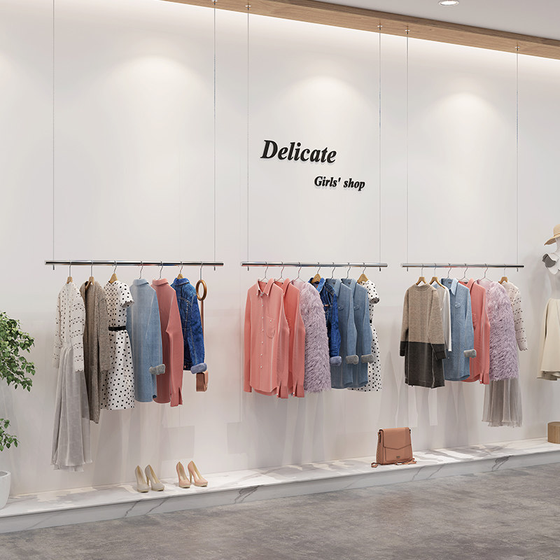 服装店展示架不锈钢拉丝简约悬挂上墙货架婚纱吊架女装吊挂衣杆子