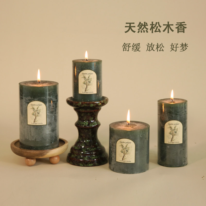 香薰蜡烛绿色杜松木烛台熏香睡眠持久除味小众高级摆件高大陶瓷装