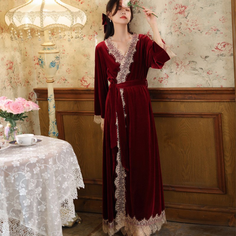 长袖睡袍女金丝绒睡裙新娘晨袍宫廷风保暖睡衣可外穿家居服套装冬