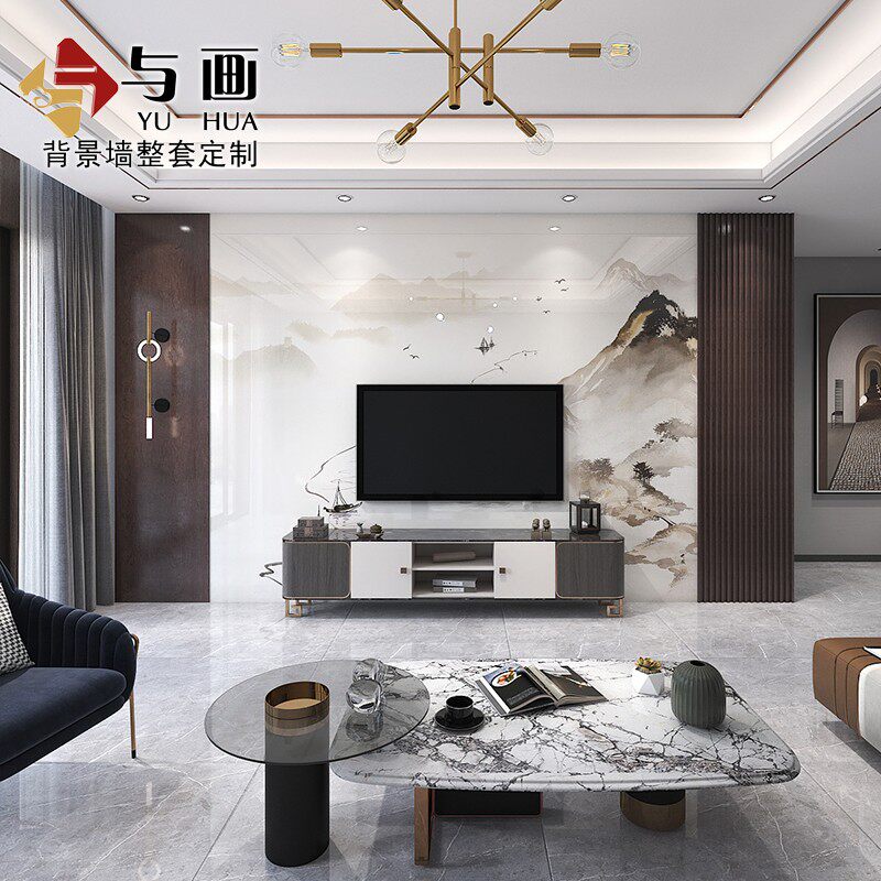 中式岩板电视背景墙瓷砖客厅现代新中式影视墙花格装饰造型框山水