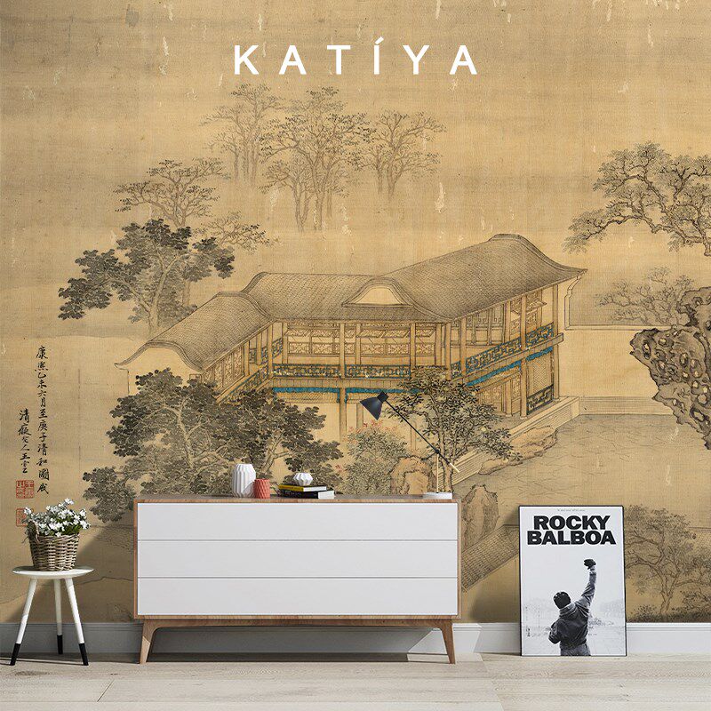 Katiya新中式风格腰线 缐宋氏美学墙布电视背景墙卧室茶室定制壁