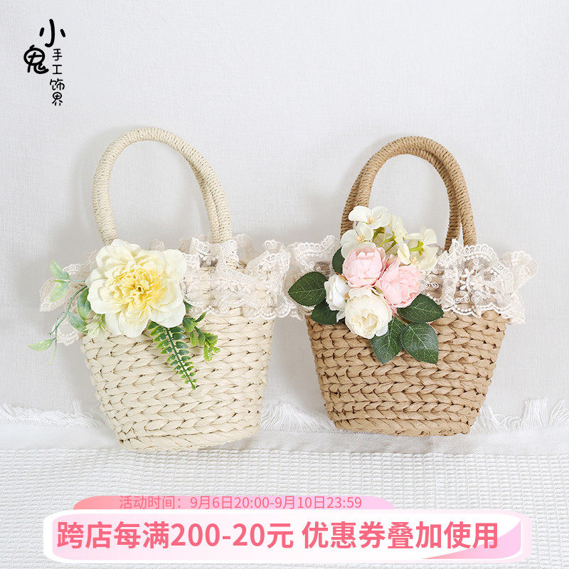 原创Lolita森系茶花花朵蕾丝沙滩田园草编包藤编包手提编织包斜跨