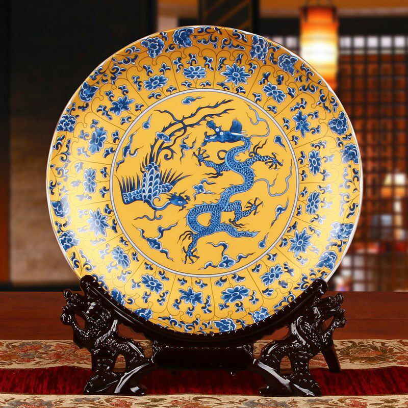 景德镇陶瓷器 金色龙凤呈祥装饰盘子 花盘 挂盘 欧式家居装饰摆设
