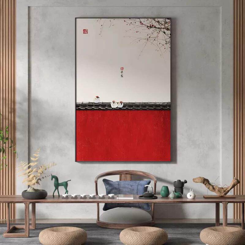 红色竖式新中式客厅装饰画沙发背景墙花鸟花卉茶室书房房间挂壁画