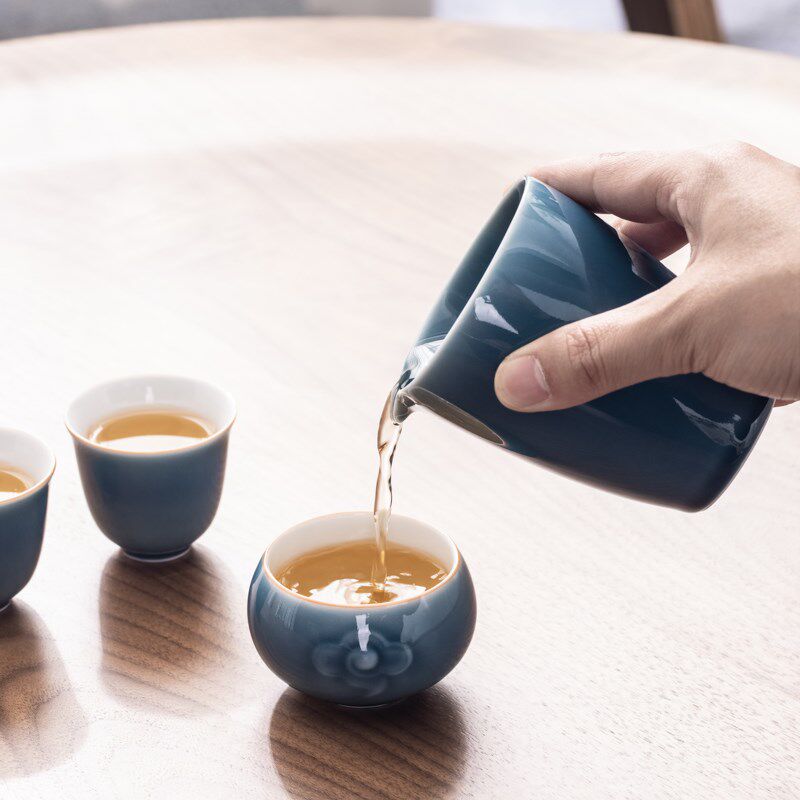 功夫茶具茶杯套装中式家用陶瓷茶壶简约盖碗公道杯办公室霁蓝整套