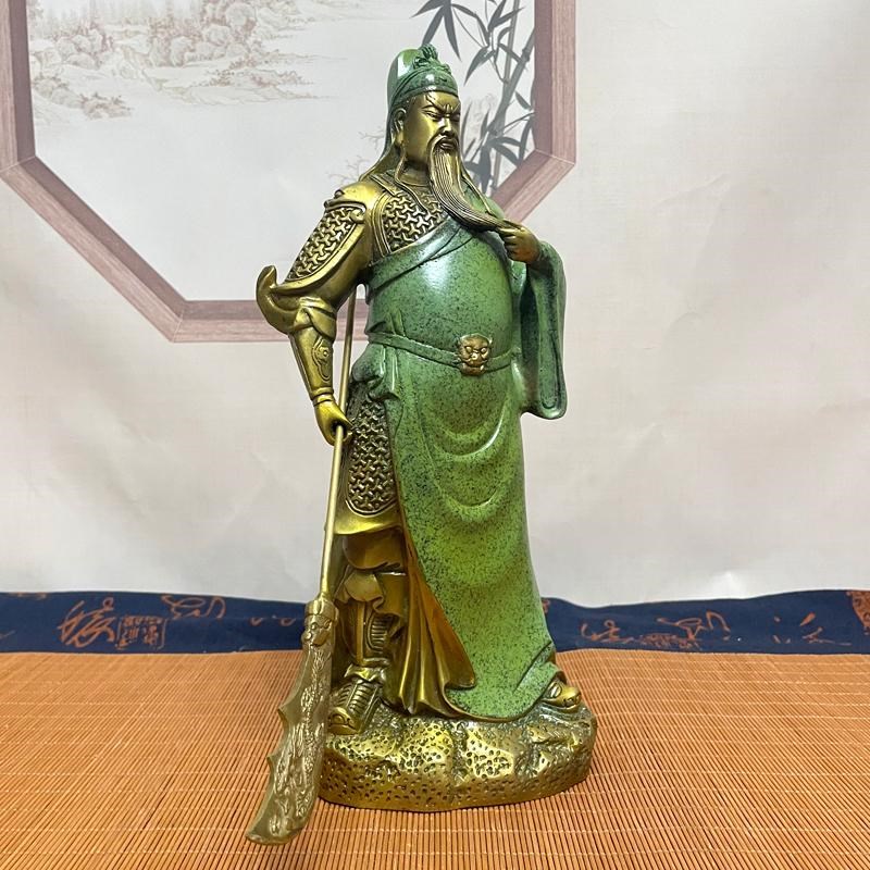 纯铜绿袍关公神像武圣铜像摆件招财黄铜武财神关羽客厅开业关二爷