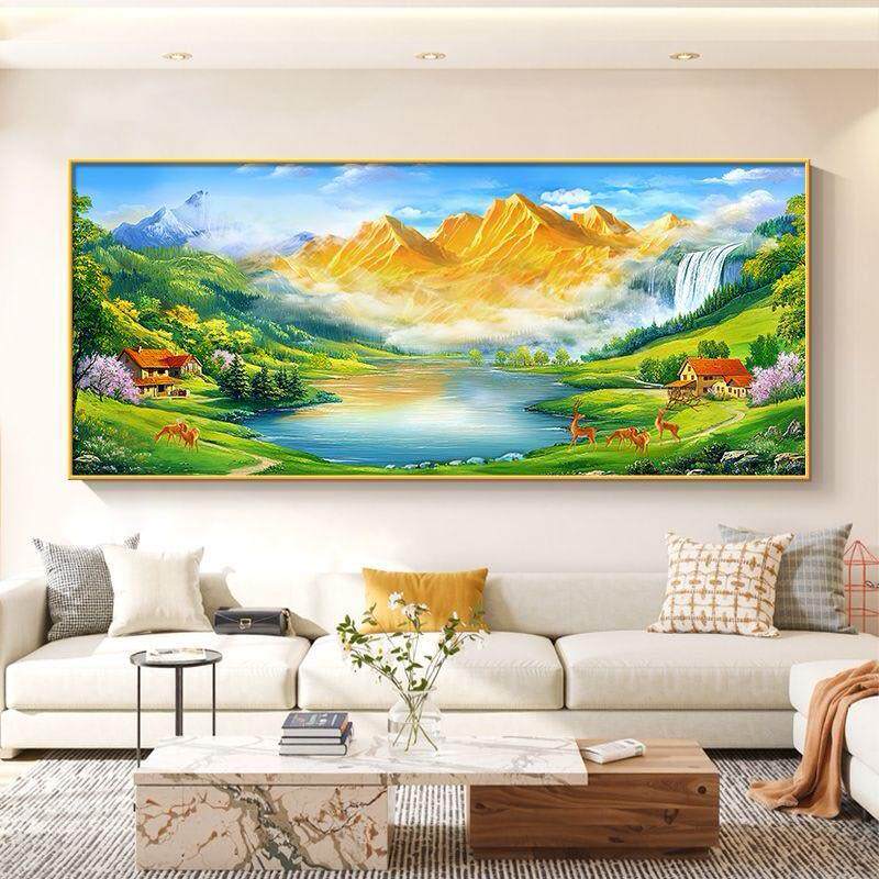 日照金山客厅装饰画山水画靠山图沙发背景墙西墙壁画聚宝盆挂画