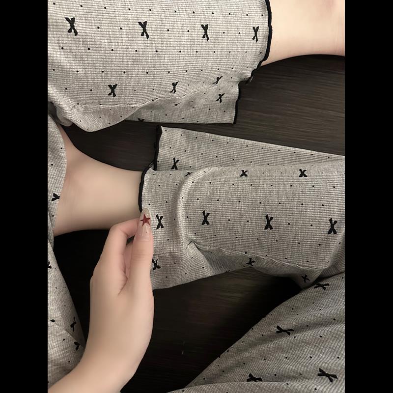 少女甜美蝴蝶结波点蕾丝边睡衣女夏季假两件短袖长裤家居服两件套