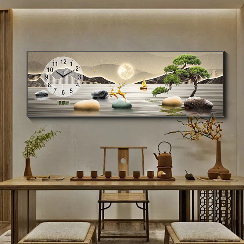 迎客松客厅装饰画带钟表流水生财办公室茶室山水画万年历时钟灯画
