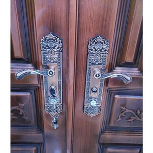 防盗门锁红古铜色大门锁面板把手铝合金双开门把手面板青古铜拉手