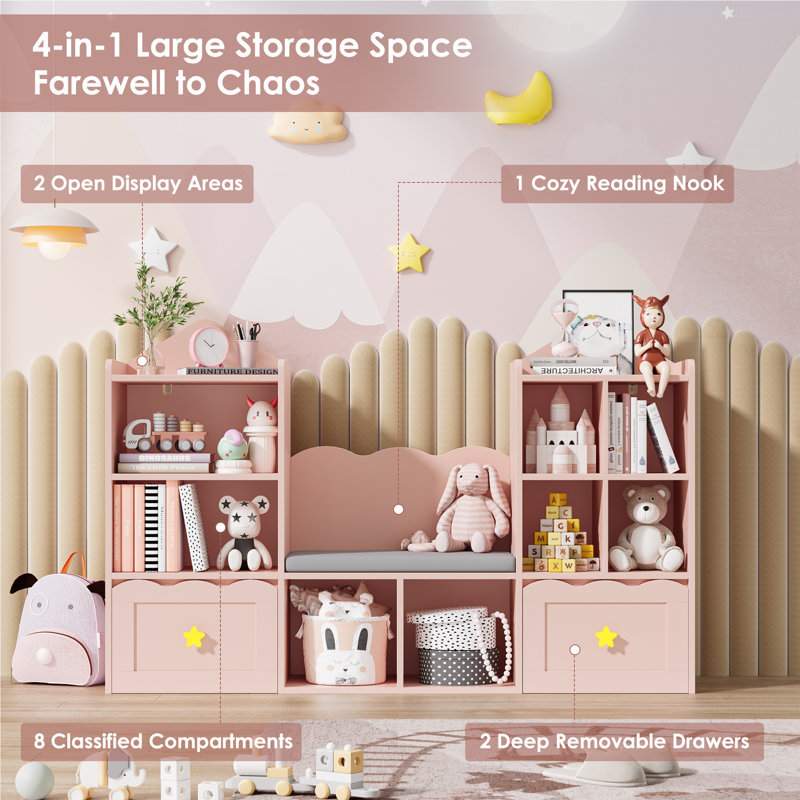 现代木制儿童书架带2抽开放式储物星星拉手波浪板粉色女生儿童房