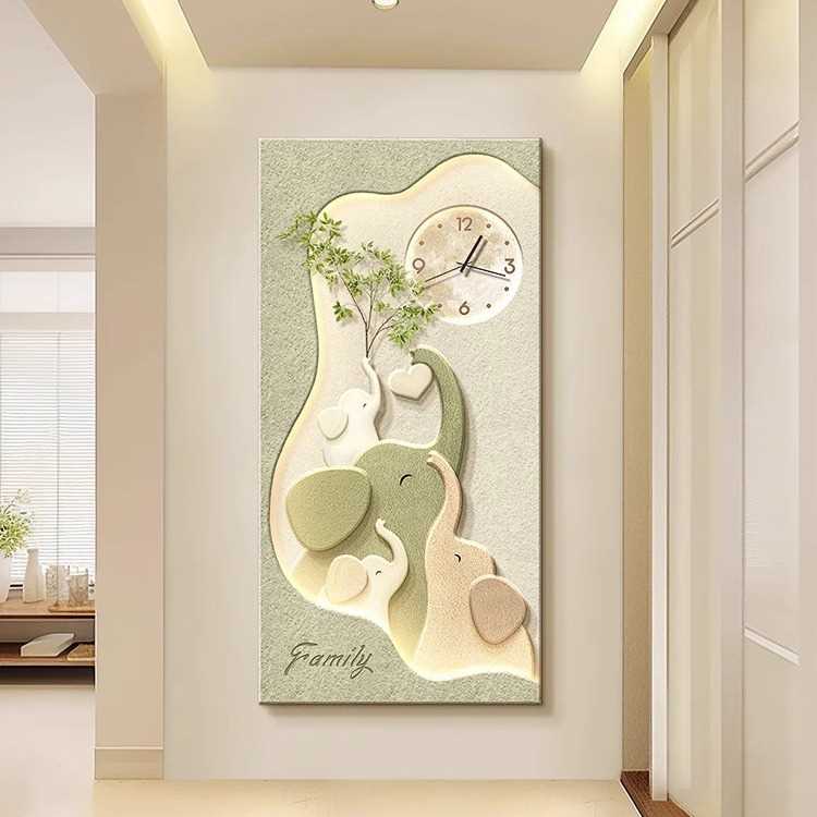 仿真绿植奶油风玄关装饰画钟表壁画大象砂岩立体入户走廊过道挂画图片