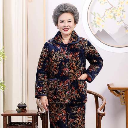 睡衣女士冬季秋冬法兰绒加绒家居服冬季中老年加厚大码保暖妈妈装