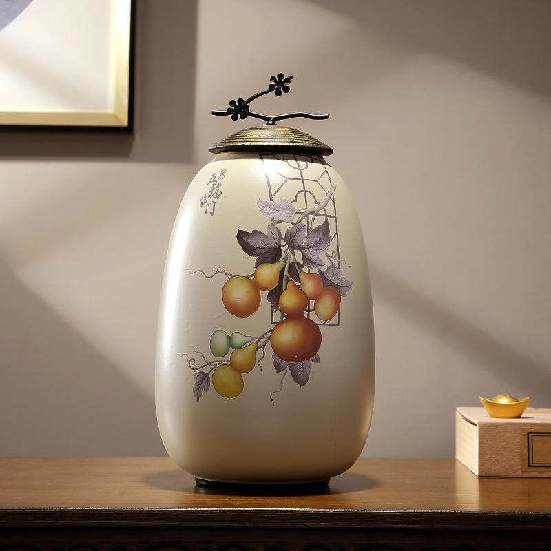 陶瓷罐子摆件创意五福临门客厅玄关酒柜电视柜装饰插花瓶套装
