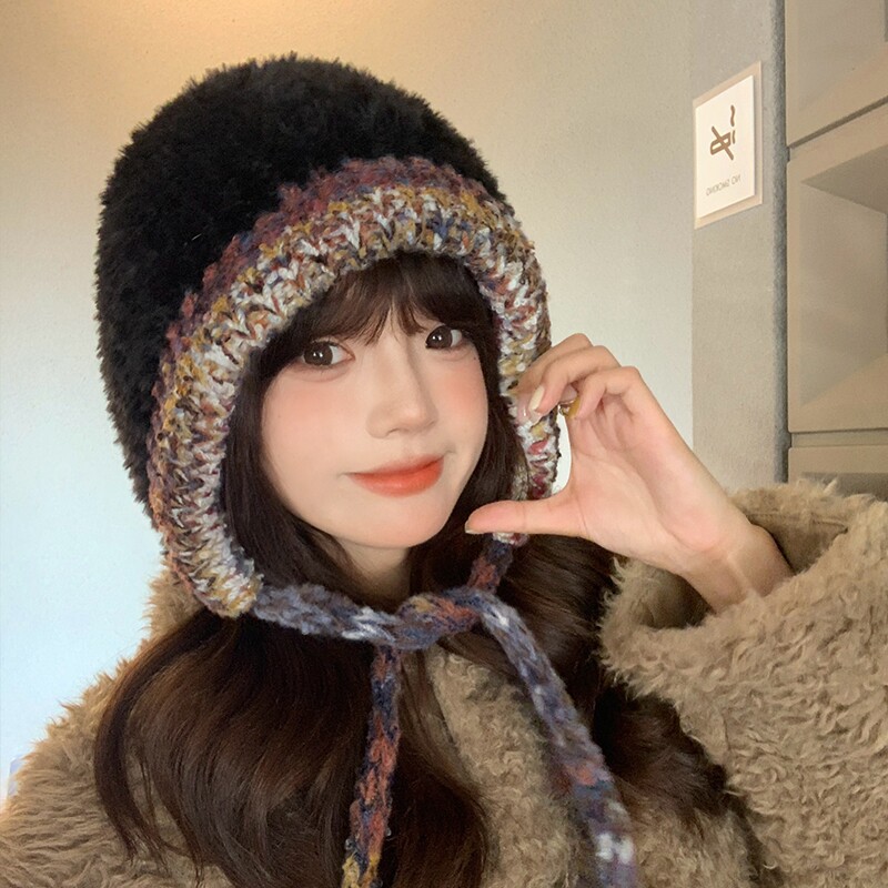 帽子女秋冬加厚韩版百搭护耳套头帽可爱毛线帽双色保暖毛绒针织帽
