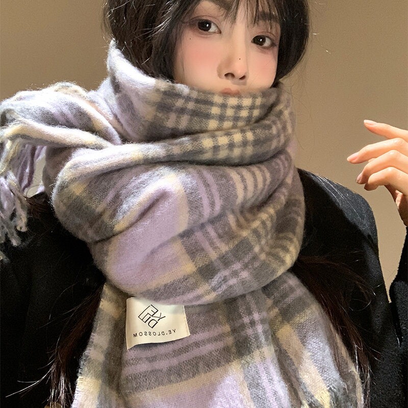 马海毛紫色格子大围巾女冬季保暖韩系氛围感流苏披肩学生围脖护颈