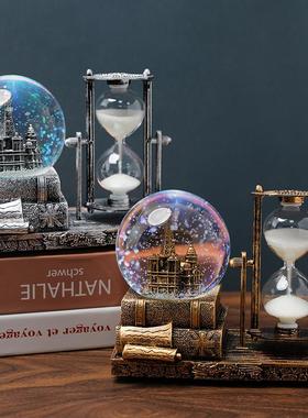 复古音乐铁塔水晶球沙漏计时器摆件创意办公桌面桌面装饰八音盒