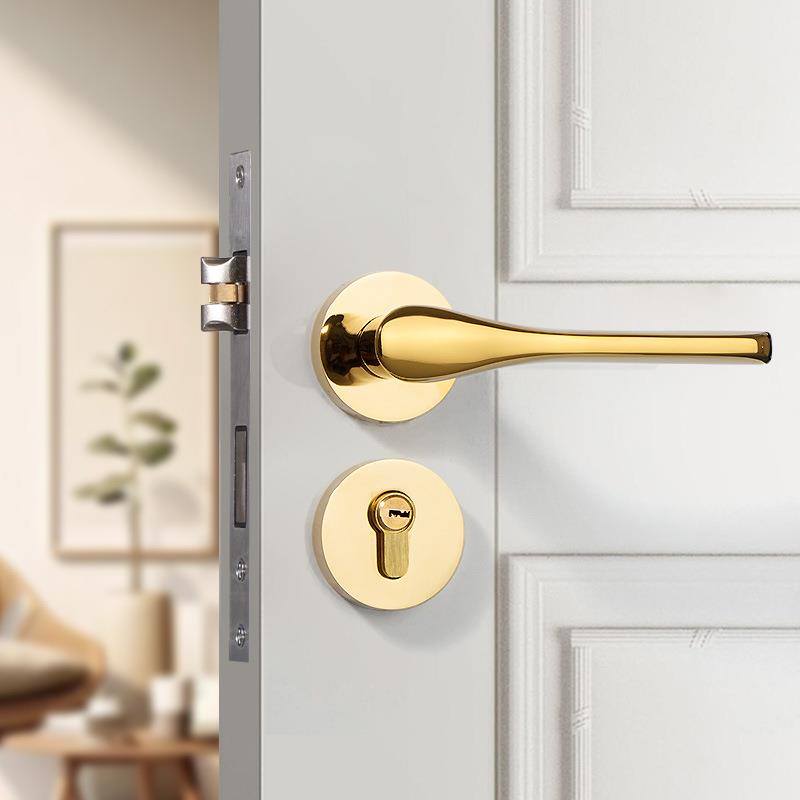 锌合金门锁高档家装亮金磁吸静音分体门把手实木门卧室美式轻奢