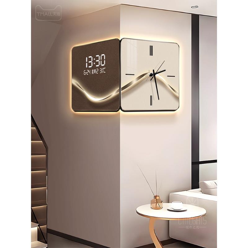 客厅转角挂钟2024年新款万年历数显电子时钟轻奢高级拐角双面钟表