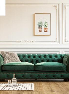 丝绒直排沙发美式复古民宿拉扣墨绿色三人沙发简欧田园小户型客厅