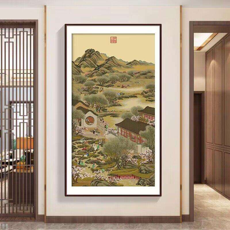 雍正十二月四月十字绣2024新款线绣客厅竖版玄关传世名画手工刺绣