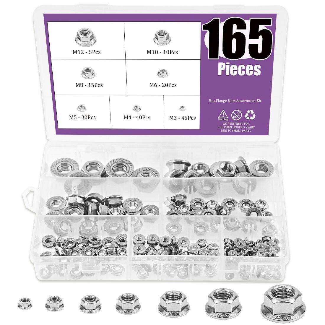 165pcs304不锈钢DIN6923六角法兰螺母M3~M12跨境盒装螺母套装