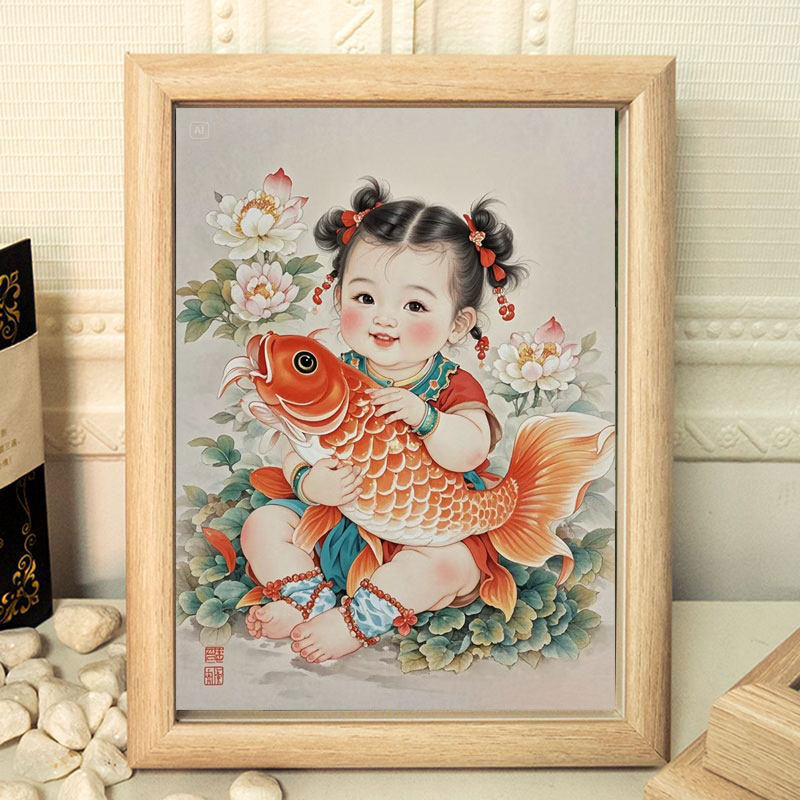 多子多福新年装饰超萌年画娃娃招财童子海报墙壁玻璃相框求子